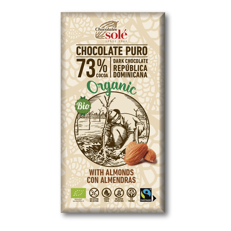 CHOCOLATE NEGRO 73% CACAO CON ALMENDRAS 150G BIO