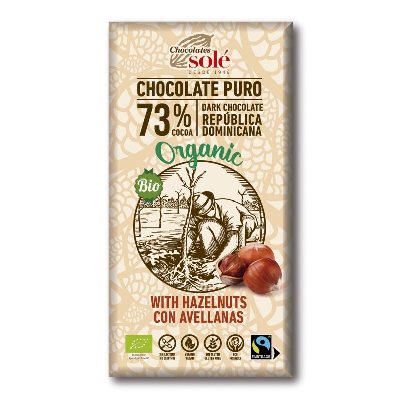 CHOCOLATE NEGRO 73% CACAO CON AVELLANAS 150G BIO